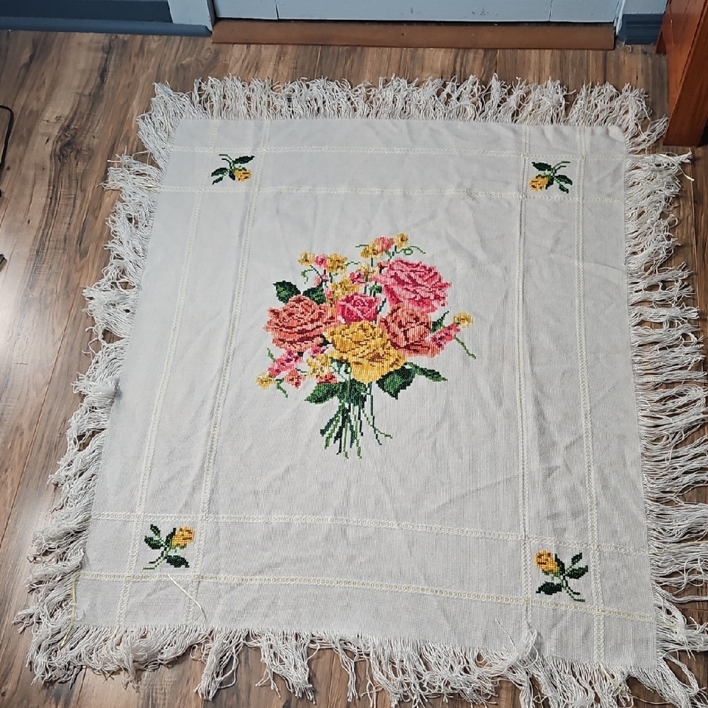 Vintage Handmade Cross-stitched Floral Table Runner Table Topper